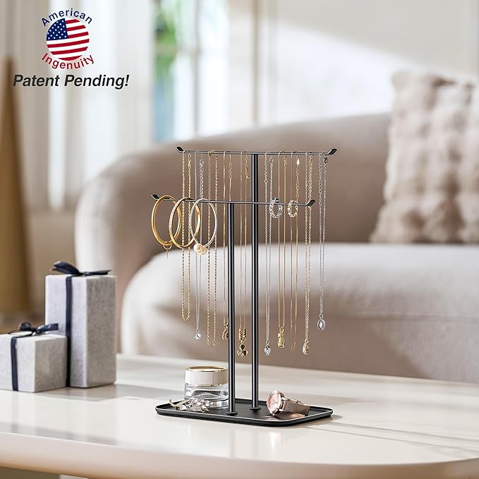 pickpiff Necklace Holder Jewelry Organizer Stand – 2‑Tier T‑Bar Jewelry Display Tree with Tray for Countertop Necklace Bracelet Earring Storage, Vanity Dresser Bathroom Sink, Black