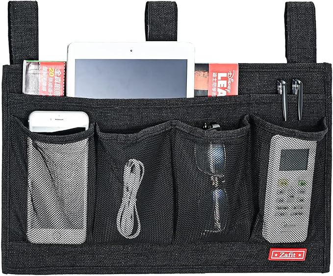 Linen Bedside Caddy, Bedside Storage Organizer for Hospital Beds, College Dorm Rooms or Baby Bed (6 Pockets-Black)