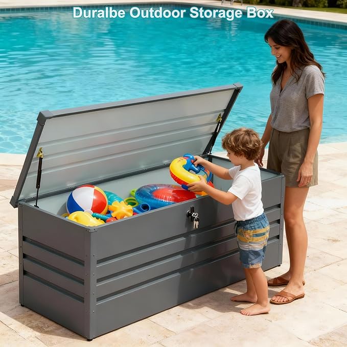 260 Gallon Waterproof Outdoor Storage Box, Extra Large Outside Metal Deck Storage Box for Patio Cushions, Garden Tools, Pool Supplies