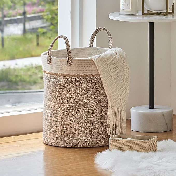 LA JOLIE MUSE Woven Basket Rope Storage Baskets - Tall Cotton Basket 16 x 14 x 14 Inches, Laundry Basket for Blanket, Kids Toy, Nursery Clothes Hamper Basket White & Desert
