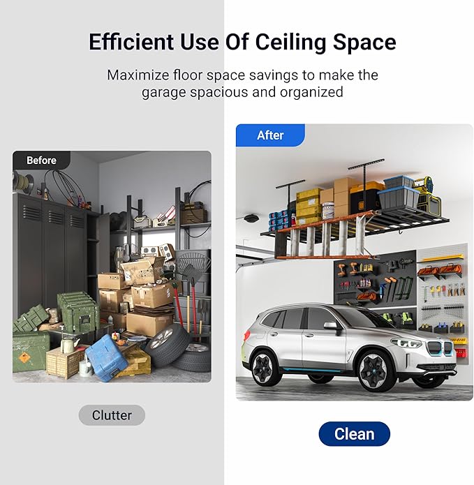 FLEXIMOUNTS 4x8 Overhead Garage Storage Rack with 6 Hooks, Adjustable Storage Organization System, Heavy-Duty Metal Ceiling Racks, 22.6" -39.4" Ceiling Dropdown, 2 Pack, Black, Lite Series