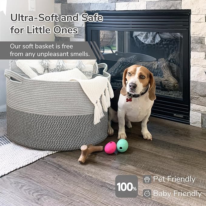INDRESSME Extra Large Laundry Basket, Cotton Rope Blanket Basket for Nursery Living Room, Decorative Woven Storage Basket with Handles for Dirty Clothes, Toy Bin For Dog Toys, 21.7 x 13.8 inches, Grey