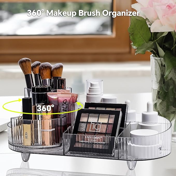 Cosmetic Makeup Storage Organizer, Countertop Makeup Perfume, Rotating Makeup Organizer for Vanity with Brush Holder, Lotions Display Case, Large Spinning Makeup Skincare Organizer (Transparent)