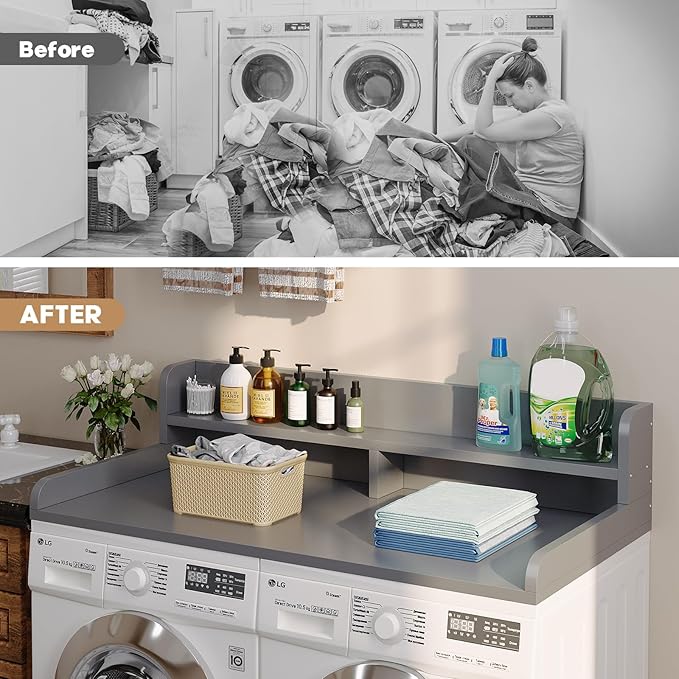 2-Tier Washer Dryer Countertop with 2.75"H Edge Rails, 54" W x 27.55" D Laundry Countertop for Folding Clothes, Washer and Dryer Topper with Non-Slip Pad (Gray)