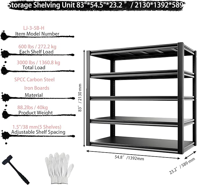 Storage Shelving Unit Heavy Duty Garage Shelves Metal Organizer Utility Rack for Kitchen Pantry Basement Pantry Warehouse Laundry Black 83" H x 55" W x 23.2" D 3000LBS 5-Tier