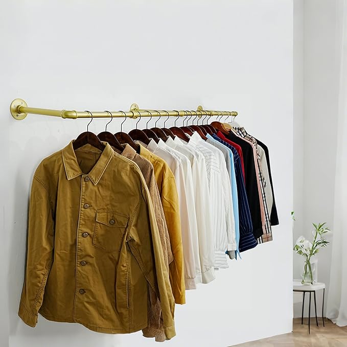 WEBI Industrial Pipe Clothing Rack,65" Wall Mounted Clothes Rack for Hanging Clothes,Heavy Duty Metal Garment Rack Bar Wall Mount Clothing Rod for Closet,Laundry Room,Gold