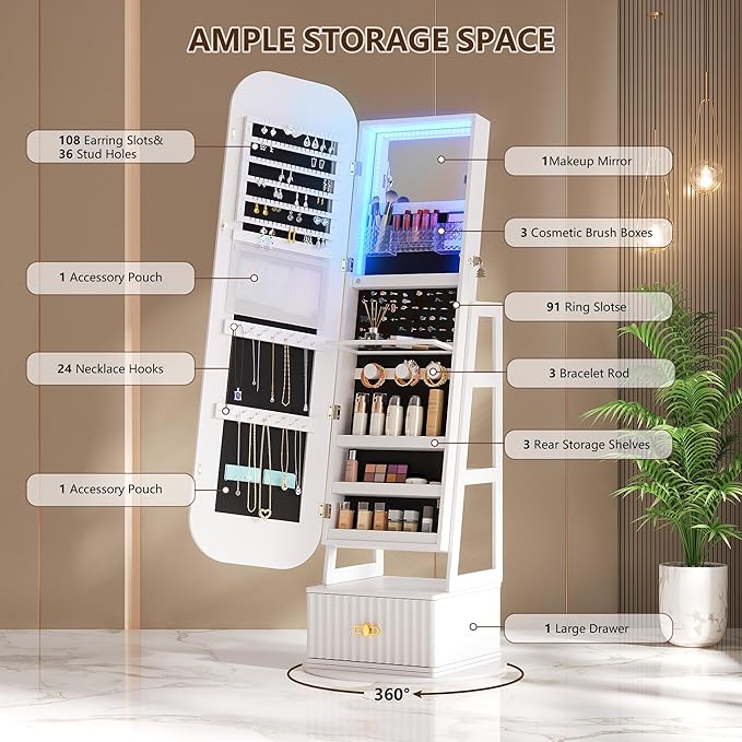 360°Swivel jewelry organizer with Full Length Mirror with Lights,Jewelry Armoires Cabinet Standing with Drawer,Large Mirror Storage for Jewelry and Makeup（White）