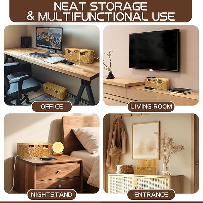 Longer Cable Management Box, 16In Handwoven Cord Management Box with 5 Slots, Floor Cord Hider Boxes for Power Strip and Wire, Cable Organizer Boxes with Lid for Desk, Floor, Office, Living Room