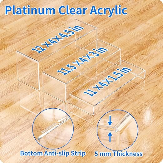 NIUBEE Acrylic Display Riser, 3 Pcs 12" Large Acrylic Risers, Clear Rectangular Stands for Candy Dessert Cupcakes, Collectibles Display Stands Shelf for Display for Funko POP Figures