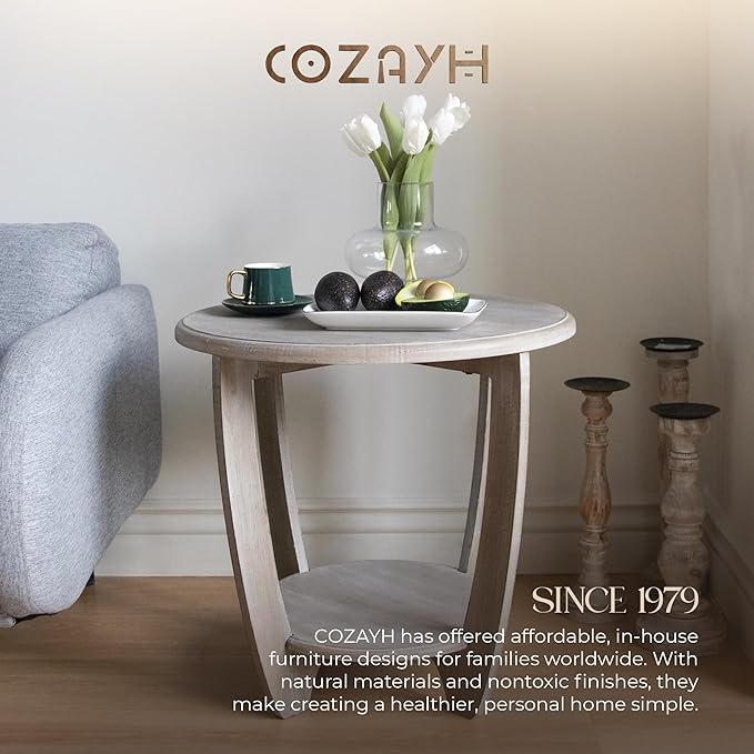 COZAYH Rustic Farmhouse End Table with Storage Shelf, French Country Modern Round Accent Side Table for Small Spaces, Vintage Grey Finish