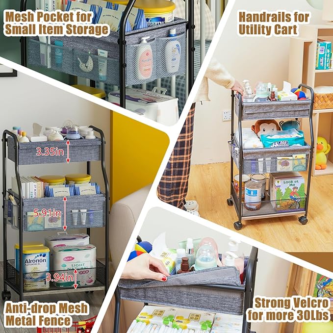 3-Tier Baby Diaper Caddy Organizer and Storage Cart, Mobile Metal Utility Cart with Rolling Wheels for Nursery Essentials with 4+2 Dividers, Large Capacity Rolling Cart For Kitchen, Bathroom, Office