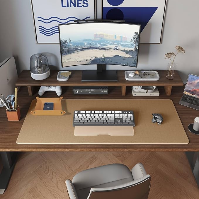 DAWNTREES Dual Sided Desk Mat,Leather Desk Pad,Brown Cork Desk Mat Protector,with PU Leather Valet Tray Organizer,Large Mouse Pad,Desk Writing Pad for Office and Home(31.5"x15.8")