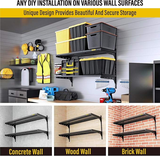 1pack×2 Tier 1.3x3ft Garage Shelving Wall Mounted, 400 lbs Load Capacity,15.6x36inch per Shelf Height Cassette Adjustable Floating Shelves, Black