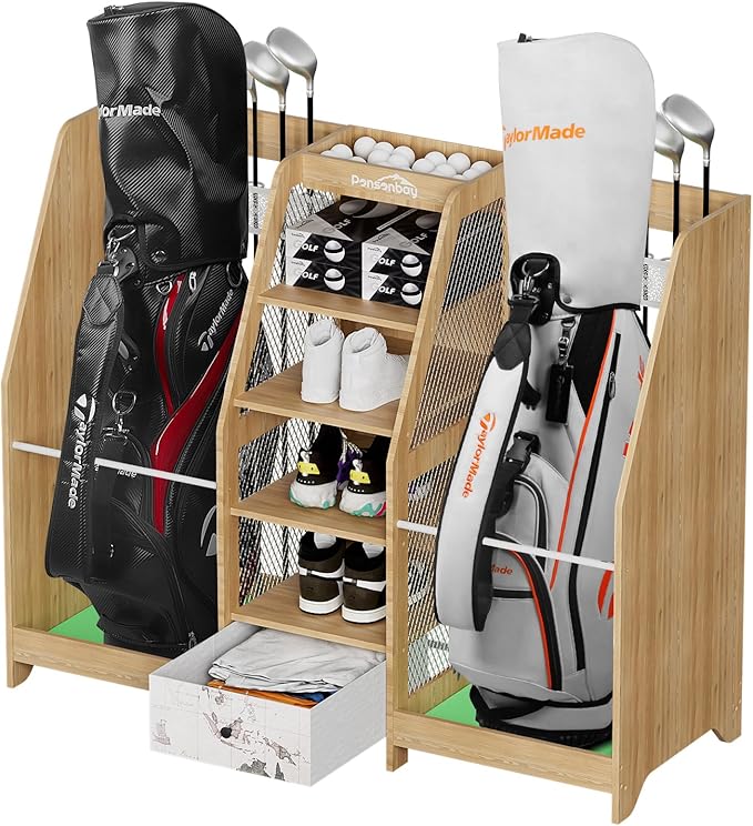 Golf Bag Storage Organizer for Garage, Premium Wooden 2 Golf Bags Rack with Drawer, Easy Assemble Golf Club Stand/Holder Suitable for Garage Home Simulator and Office