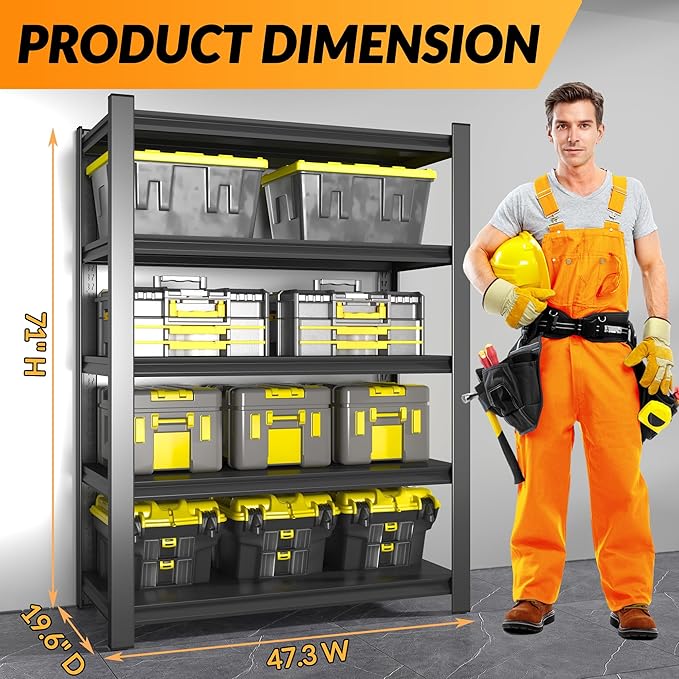 BESFUR 71" H Wider Garage Shelving, 3000LBS 5-Tier Storage Shelves, Heavy Duty Metal Shelving Unit and Large Adjustable Storage Rack, for Warehouse Shop Garage Pantry Industrial, 19.7"*47.3"*71"