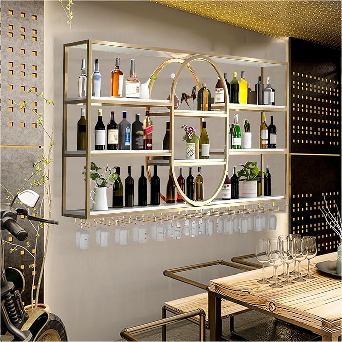 Large Wall Mount Wine Rack, Metal 4 Tier Large Capacity Hanging Bar Rack with Wine Glass Holder, Oval Wine Bottle Storage Display Rack for Kitchen, Living Room, Home (Gold, 180cm/71in)