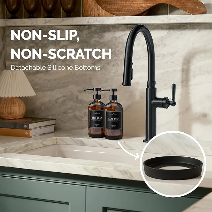 Vine Creations Amber Glass Soap Dispenser Set - Kitchen Soap Dispenser Set with Stainless Steel Pump - 16 oz Dish Soap and Hand Soap Dispensers for Bathroom with Silicone Pad & Waterproof Labels