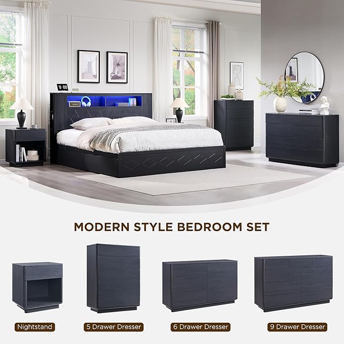 ACCOHOHO Modern 5 Drawer Dresser for Bedroom, 42" Tall Wooden Dressers with Large Storage,Handleless Chest of Drawers for Living Room & Hallway, Curved Profile Design, Black