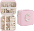 Initial Jewelry Box, Travel Jewelry Case, Gift for Women, Girls, Pink, Classic Style