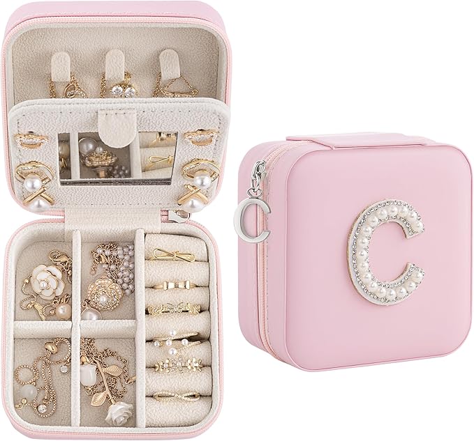 Initial Jewelry Box, Travel Jewelry Case, Gift for Women, Girls, Pink, Classic Style
