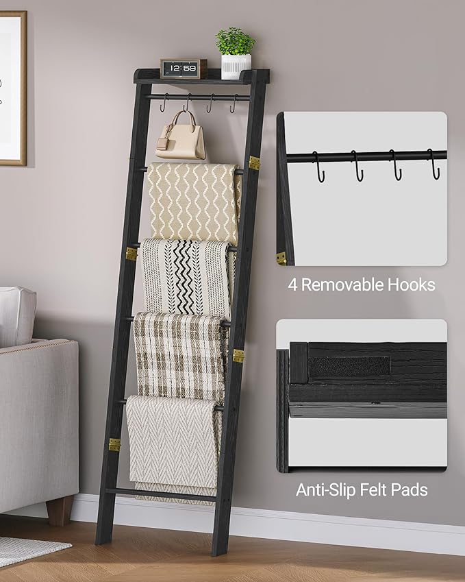 Blanket Ladder Shelf, Decorative Quilt Rack, 7-Tier Farmhouse Ladder Holder Organizer with 4 Removable Hooks, Black BR36804B