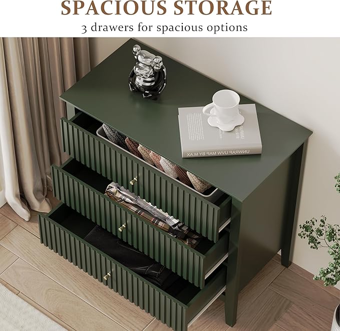 RoyalCraft Green Fluted 3 Drawer Dresser, 32 inch Wide Dresser Nightstand for Bedroom, Modern Wood Chest of Drawers, Large Painted Nightstand with 3 Drawers for Closet, Hallway, Entryway