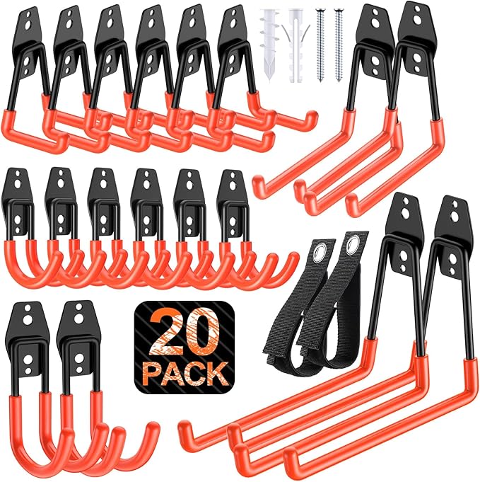 20 Pack Heavy Duty Garage Hooks,Solid Steel Wall Mount Hangers,with Anti-Slip Coating,for Hanging and Organising Ladder,Bike,Ropes,Broom,Garden,Yard and Power Tools