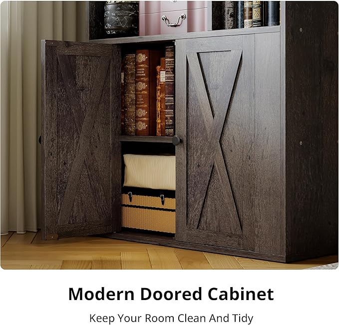 IRONCK Bookcase with Doors, Tall Bookshelf with Storage, Bookshelves and Bookcases with 8 Open Cubes for Living Room, Bedroom, Office