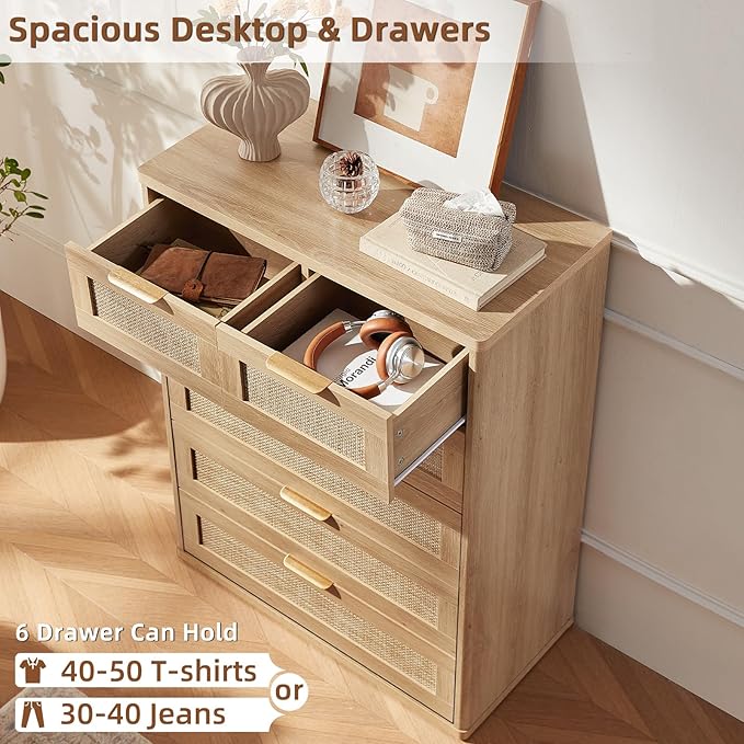 LEYAOYAO Rattan Dresser for Bedroom Set of 2, 41" Tall Chest of Drawers, Modern 6 Drawers Boho Dressers with Storage, Light Oak Dresser Wooden Closet Organizer for Living Room, Hallway, Natural Wood