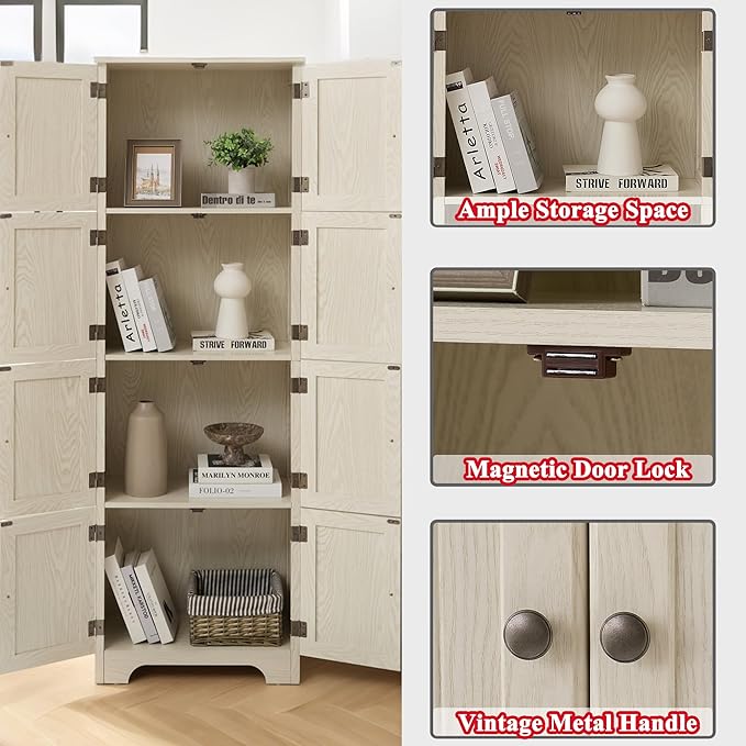 72" H Farmhouse Storage Cabinet, 4 Tier Kitchen Pantry Cabinet with 4 Shelves, 8 Doors Freestanding Floor Storage Cabinet Wooden Organizer Bookcase for Living Room & Kitchen (White)