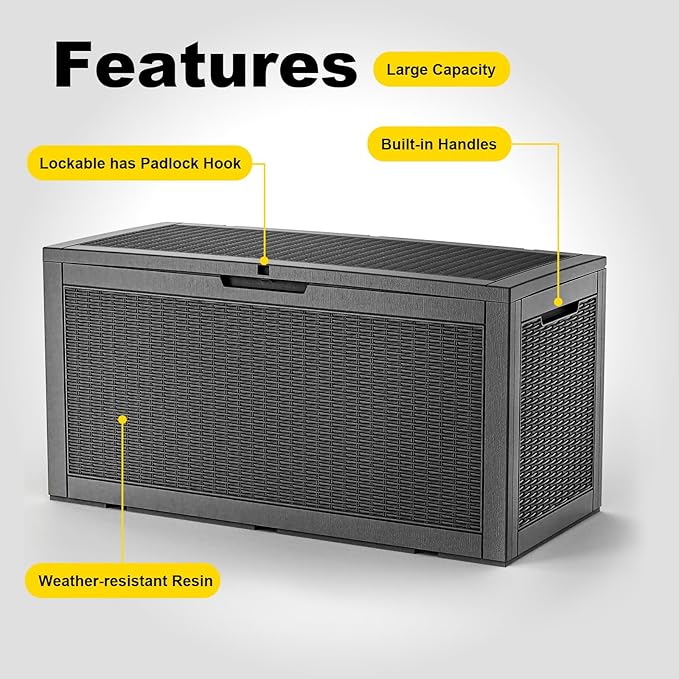 100 Gallon Deck Box,Resin Outdoor Storage Box with Lockable for Patio Furniture, Pool Accessories, Garden Tools Waterproof Outside Storage Box, Black
