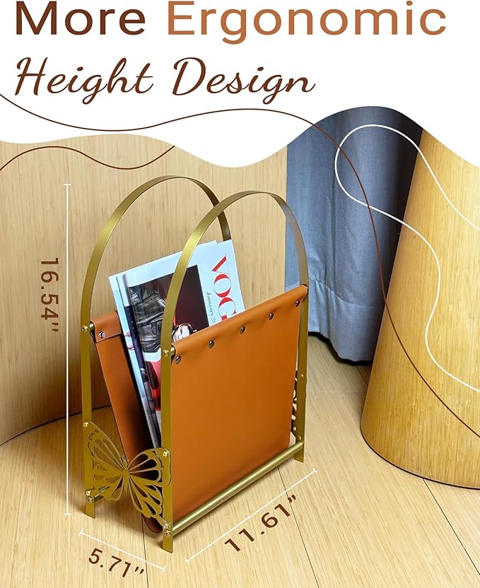 Aocii Magazine Holder, Artificial Leather Magazine Rack Floor with Golden Butterfly Hardware & Antique Brass Buckles, Bathroom Magazine Rack, Magazine Organizer for Floor Standing Home Decor