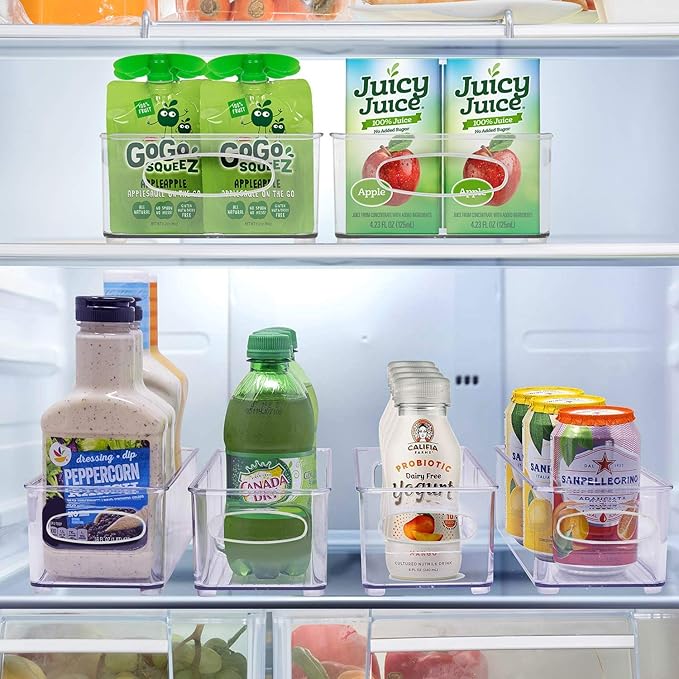 Sorbus Stackable Refrigerator Organizer Bins - Set of 4 Clear Storage Bins for Kitchen Pantry, Freezer & Fridge Organization - Food Organizing Plastic Containers with Handles for Countertops & Drawers
