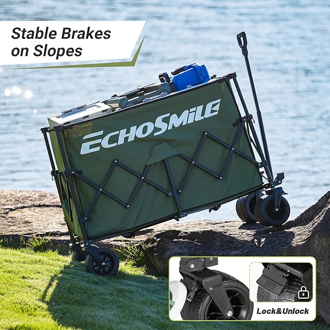 EchoSmile Collapsible Foldable Extended Wagon with 500lbs Weight Capacity, 300L Folding Utility Wagon Cart with Big All-Terrain Wheels for Beach,Sport,Gargen&Grocery,Green