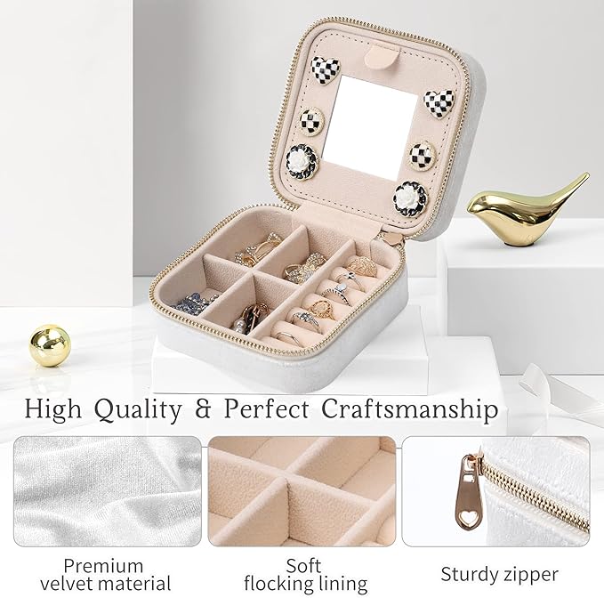 Dajasan Velvet Jewelry Box, Mini Travel Jewelry Case, Portable Travel Jewelry Organizer with Mirror for Birthday Mother's Day Valentine's Day(Beige)