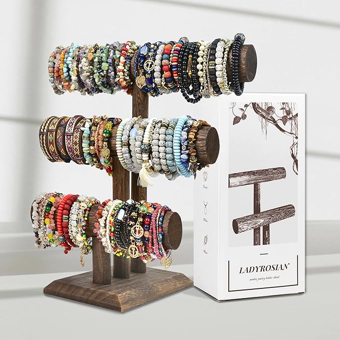 LadyRosian Wooden Bangle Display Holder Stand,3-Tier Wooden Rotating Jewelry Display Stand (Brown-3 layers)