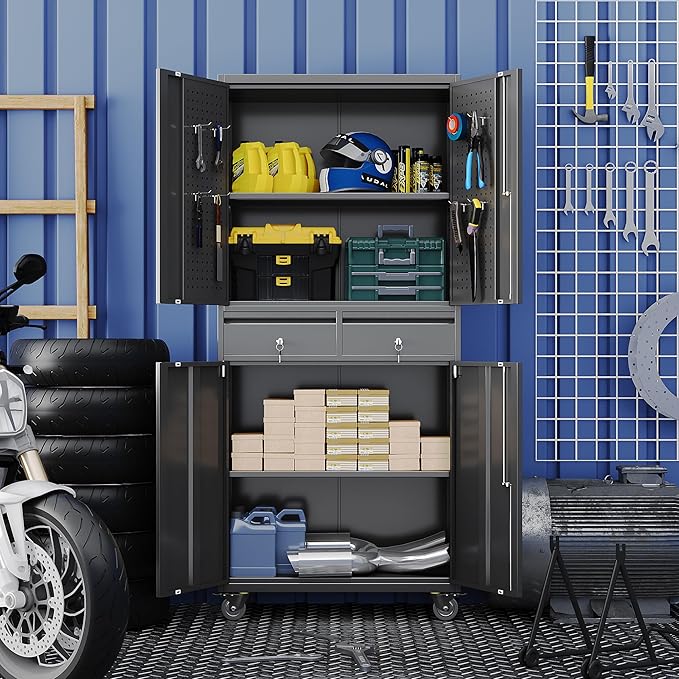 71''H Metal Garage Storage Cabinet with Wheels & 4 Pegboard,Rolling Tool Cabinet with Adjustable Shelves & 2 Lockable Drawer for Garage,Office,Home, Assembly Required,Black