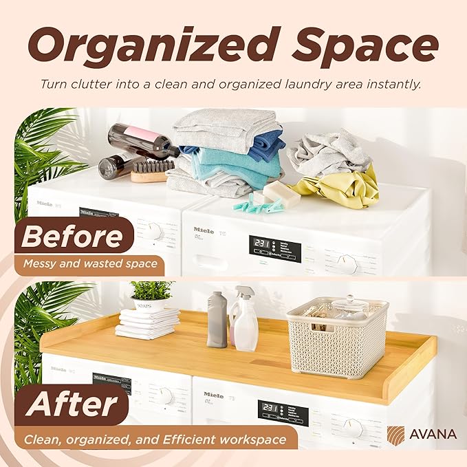Avana (100% Natural Solid Wood Washer Dryer Countertop – Oak Pine Laundry Countertop with Raised Edges, 54” x 27.5” Counter Top for Washer and Dryer, Laundry Room Organizer & Tabletop