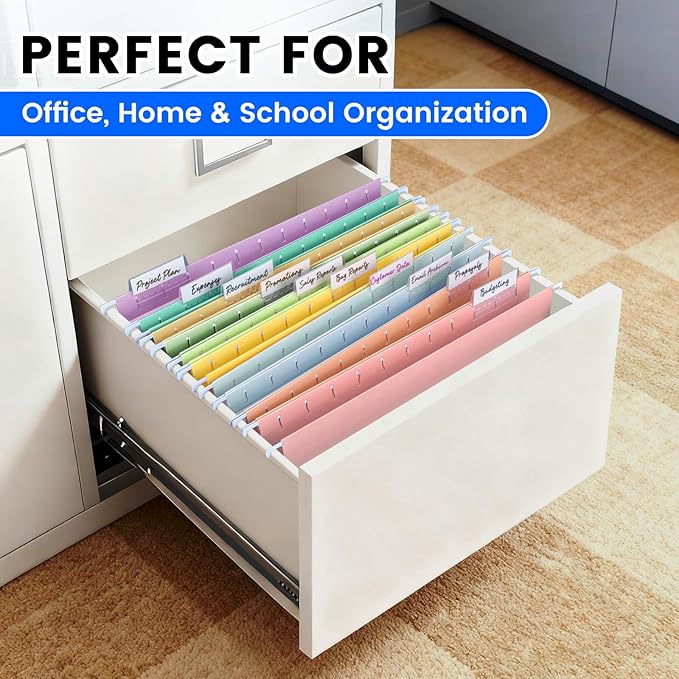 50-Pack Pastel Hanging File Folders, Letter Size with 55 Transparent Label Cards, 60 Sticker Labels,1/5-Cut Tabs–Home Office & Filing Cabinets