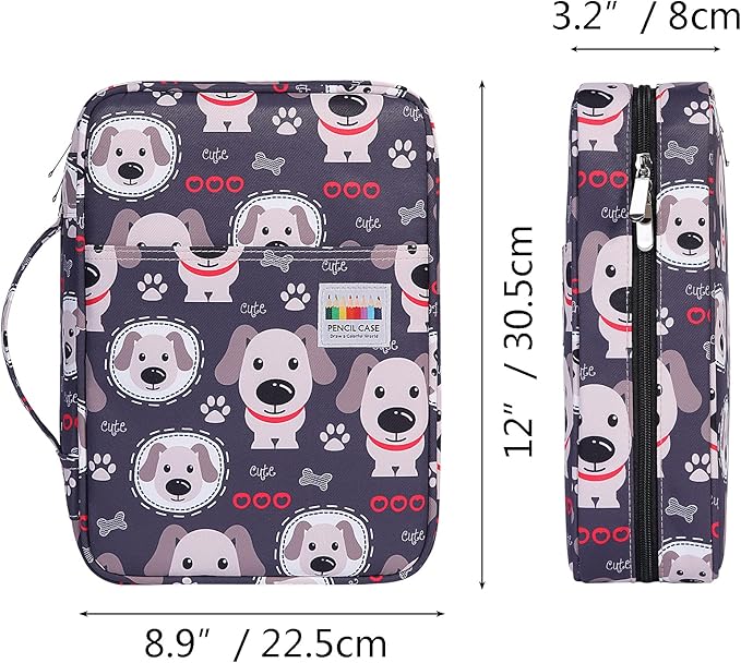 JAKAGO 220 Slots Colored Pencil Case Large Capacity Pen Holder for Artist Painter Zipper Organizer Bag for Marker Highlighter Storage Case for Office Sketch Travel Supplies (Dog)