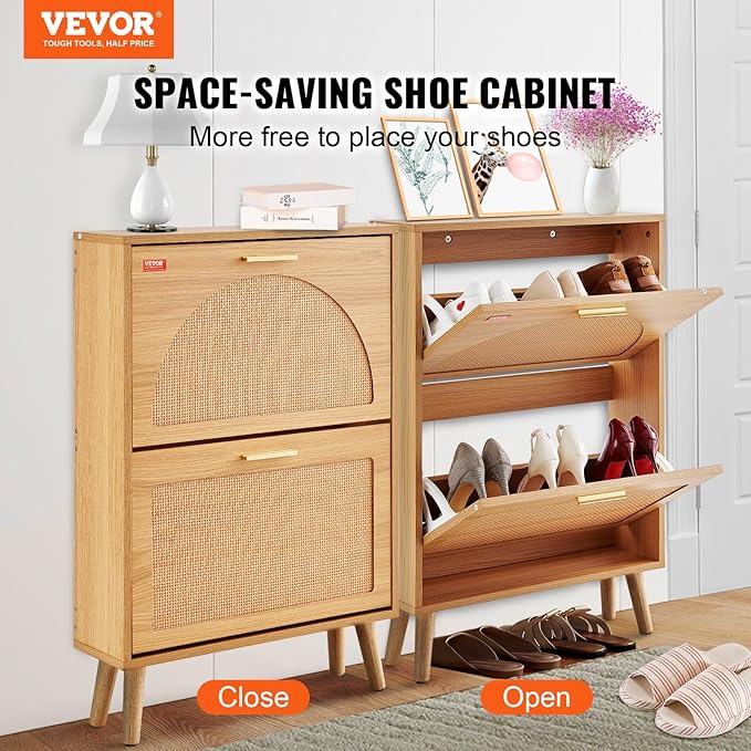 VEVOR Shoe Cabinet with 2 Flip Drawers, Shoe Storage Cabinet for Entryway, Free Standing Shoe Storage Organizer with Rattan Doors for Heels, Boots, Slippers in Hallway, Living Room