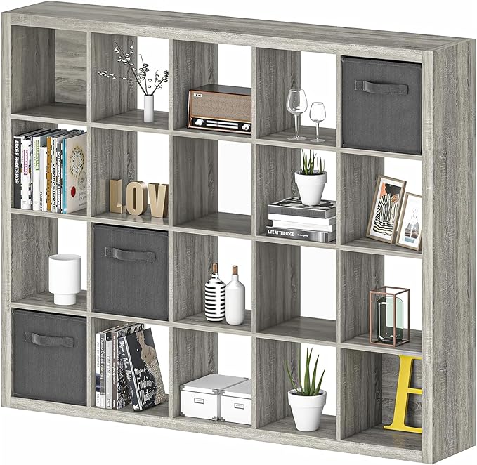 Bookshelf with Storage Bins, 20-Cube Storage Organizer with Back Panels, Modern Bookshelf for Bedroom, Multifunctional Display Cube Bookshelves for Living Room, Bedroom, Home Office