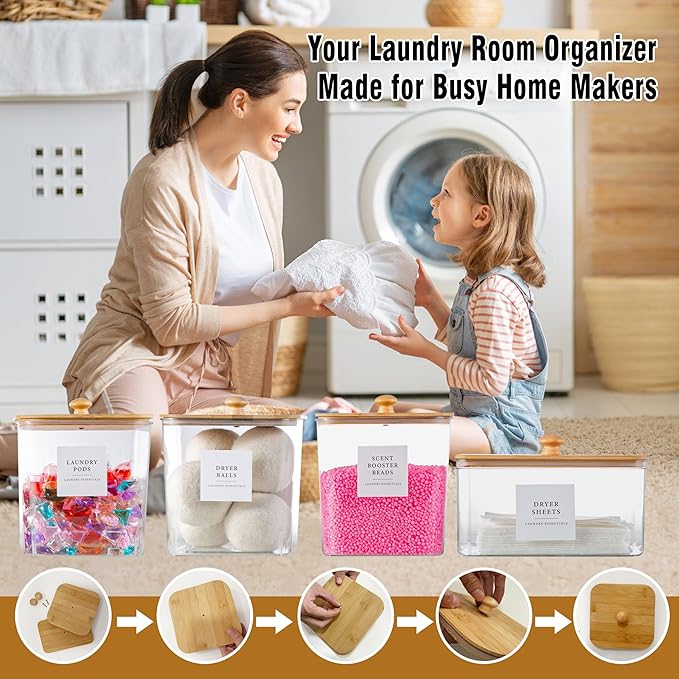 Laundry Room Organization Container, 4pcs Acrylic Laundry Pod Storage Containers, Dryer Sheet Holder Jars with Bamboo Lids and Labels for Scent Booster Powder Detergent Pods Storage