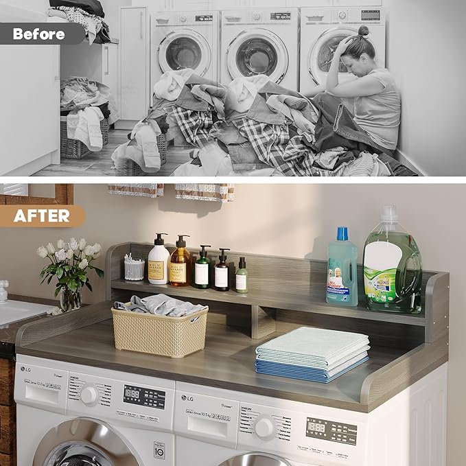 2-Tier Washer Dryer Countertop with 2.75"H Edge Rails, 54" W x 27.55" D Laundry Countertop for Folding Clothes, Washer and Dryer Topper with Non-Slip Pad (Stripe Gray)