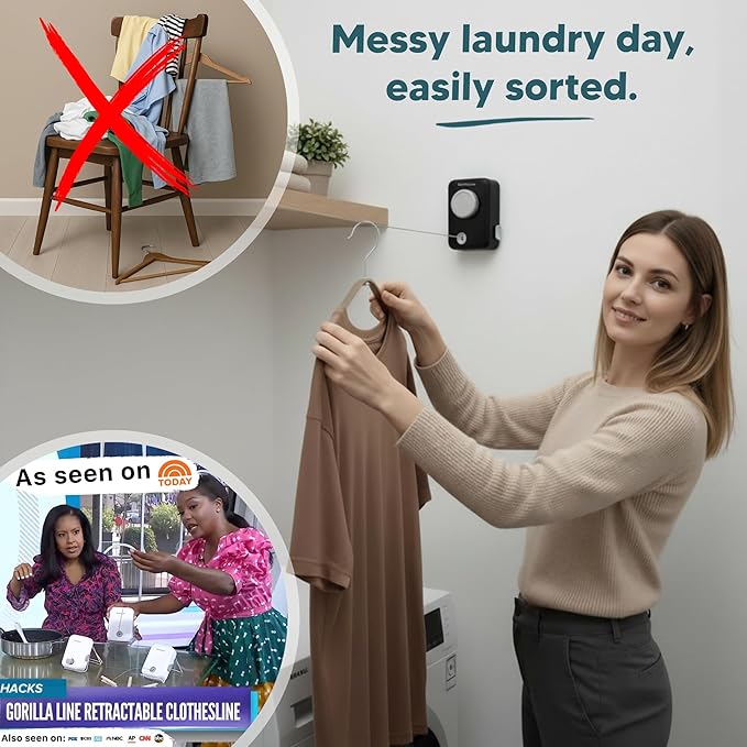 GorillaLine Max - Retractable Clothesline Indoor Outdoor Clothes Line - Heavy Duty Clothes Drying Laundry Line - Wall Mounted Drying Rack - Air Dry Clothing - Max Tighten with GorillaGrip