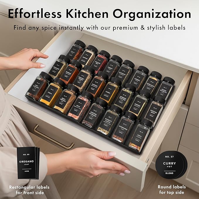 Square Spice Jars with Black Bamboo Wooden Lid (Pack of 24) Spice Jars with Shaker Insert and 240 Labels - Bamboo Lid Glass Container for Spice Organisation [4.3 in × 1.8 in]
