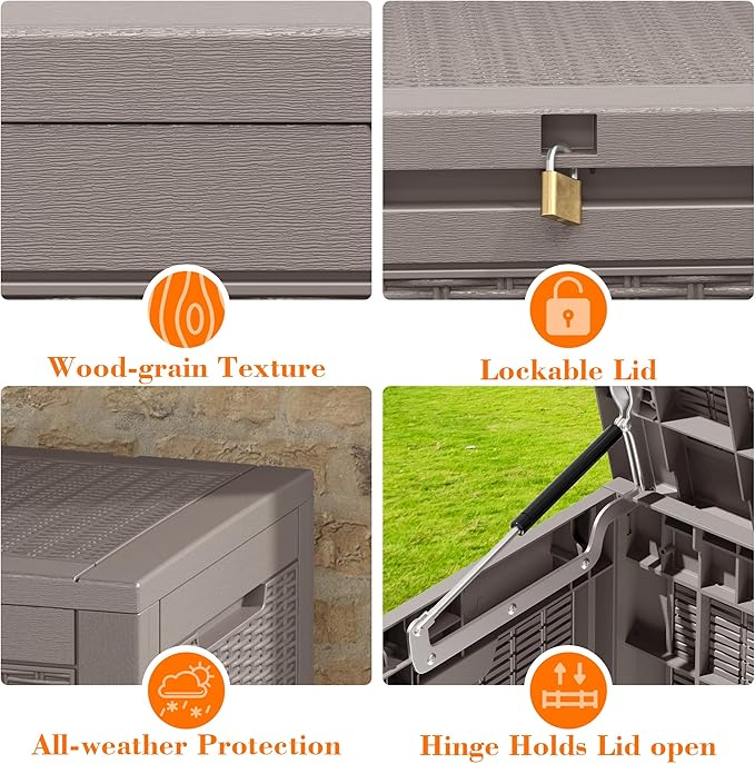 100 Gallon Outdoor Storage Box Waterproof, Resin Deck Box Doubles as 2-Person Bench Seat, Lockable Patio Storage Boxes Outdoor Waterproof for Furniture, Gardening Tools, Grey