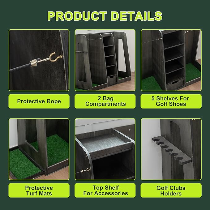 Golf Bag Organizer Storage Rack Large Wooden for 2 Bags, Golf Club Stand Holder with Drawer, Sports Equipment Rack for Garage, Practice Room, Home or Office