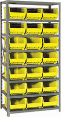 Quantum Storage Systems QSBU-255YL Giant Open Hopper Steel Shelving System, 18" D x 36" W x 75" H, with 8 Shelves and 21 QUS255 Bins, Yellow