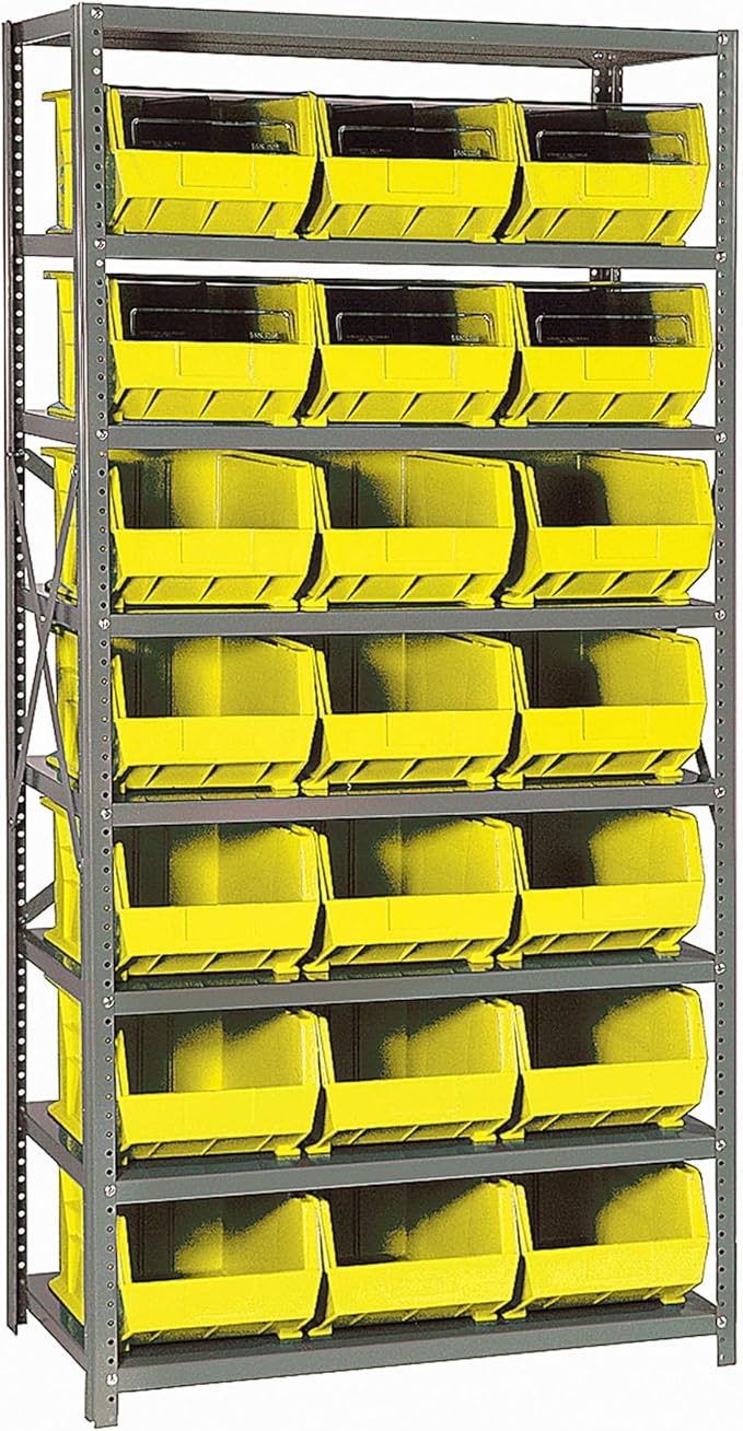 Quantum Storage Systems QSBU-255YL Giant Open Hopper Steel Shelving System, 18" D x 36" W x 75" H, with 8 Shelves and 21 QUS255 Bins, Yellow